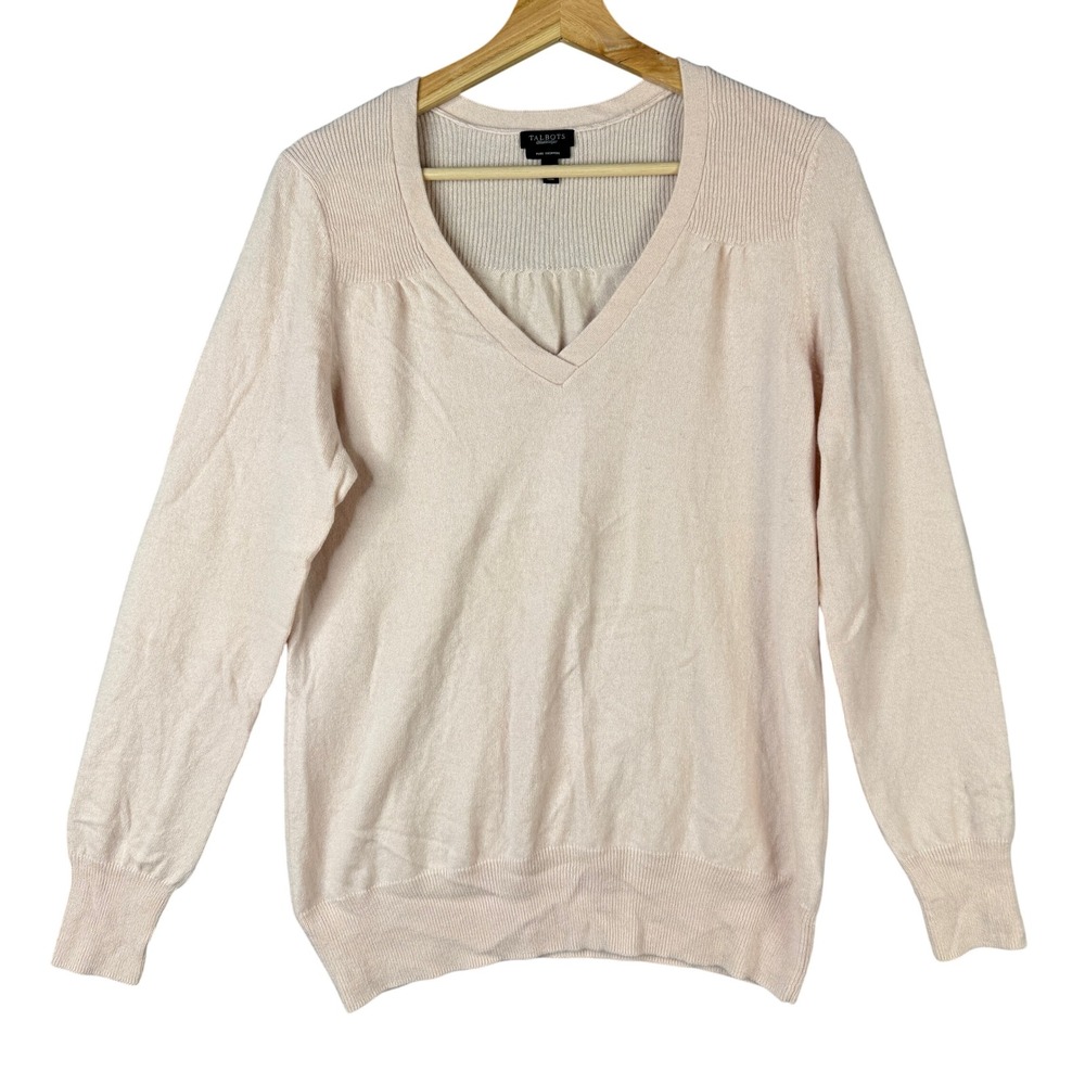 Talbots Pure Cashmere V-Neck Sweater XL Pink Ribbed Yoke Gathered Back Pullover